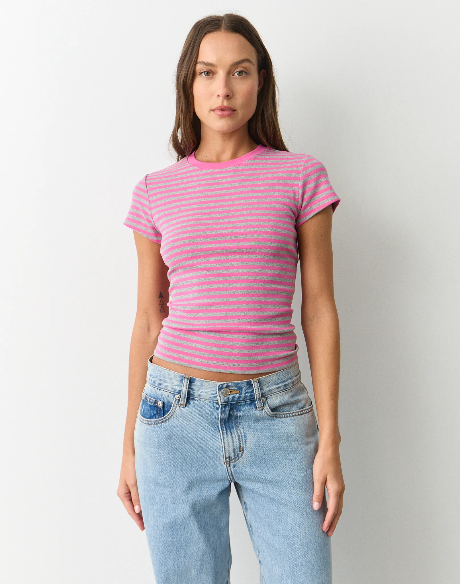 Cotton Basic Tee Grey X Rosey Lilac Stripe