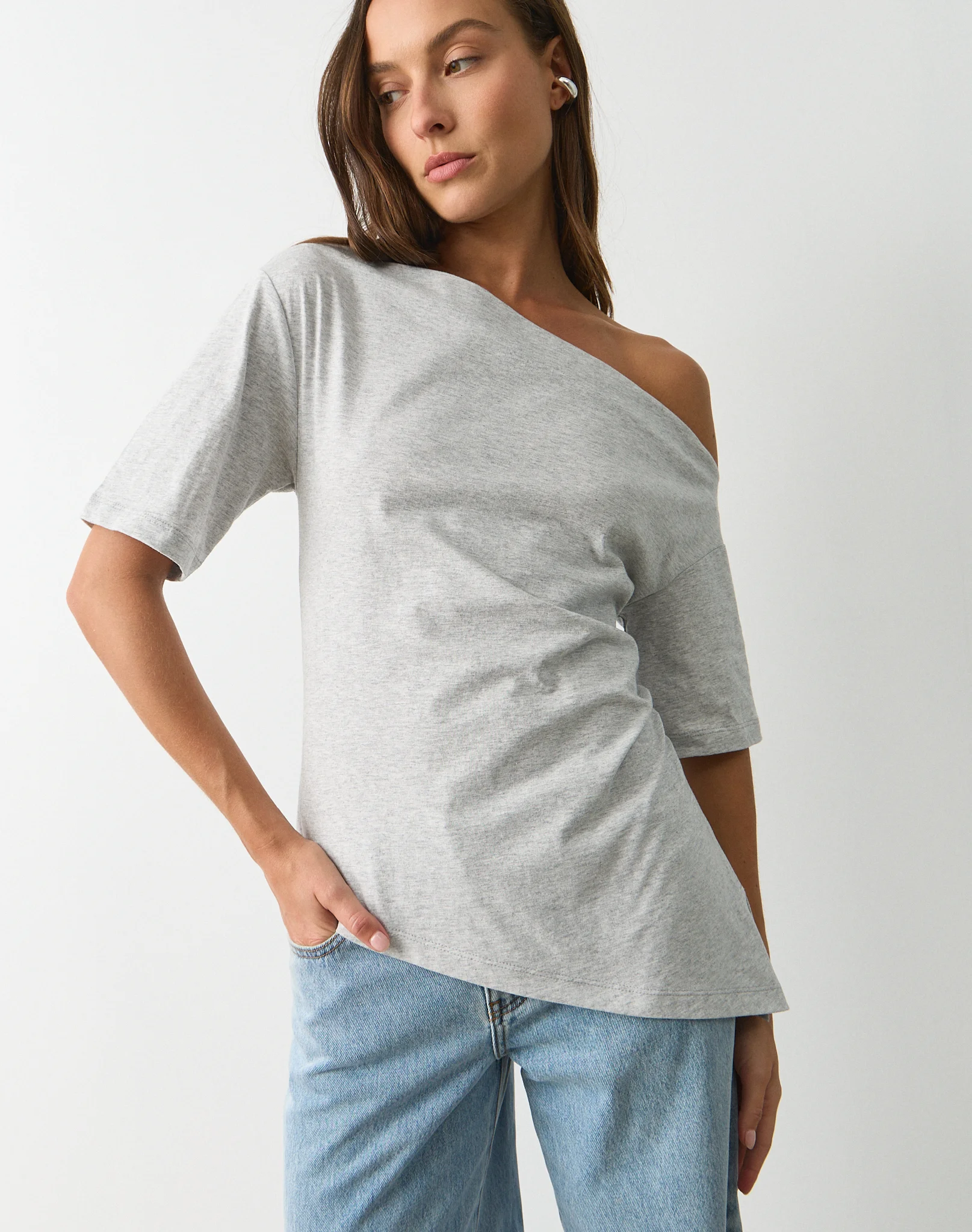 Asymmetrical Off Shoulder Tee Pale Grey Marle