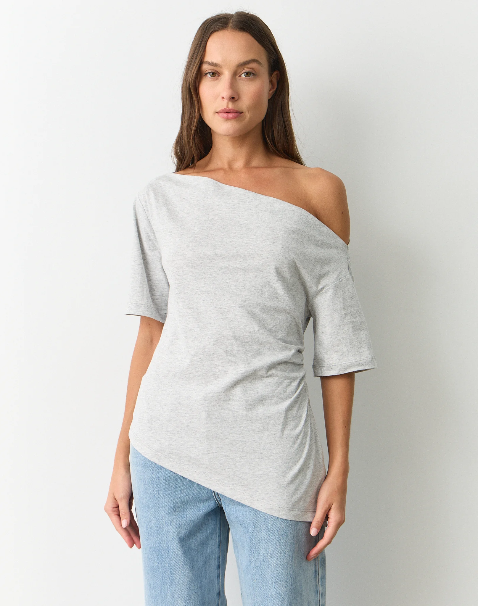 Asymmetrical Off Shoulder Tee Pale Grey Marle