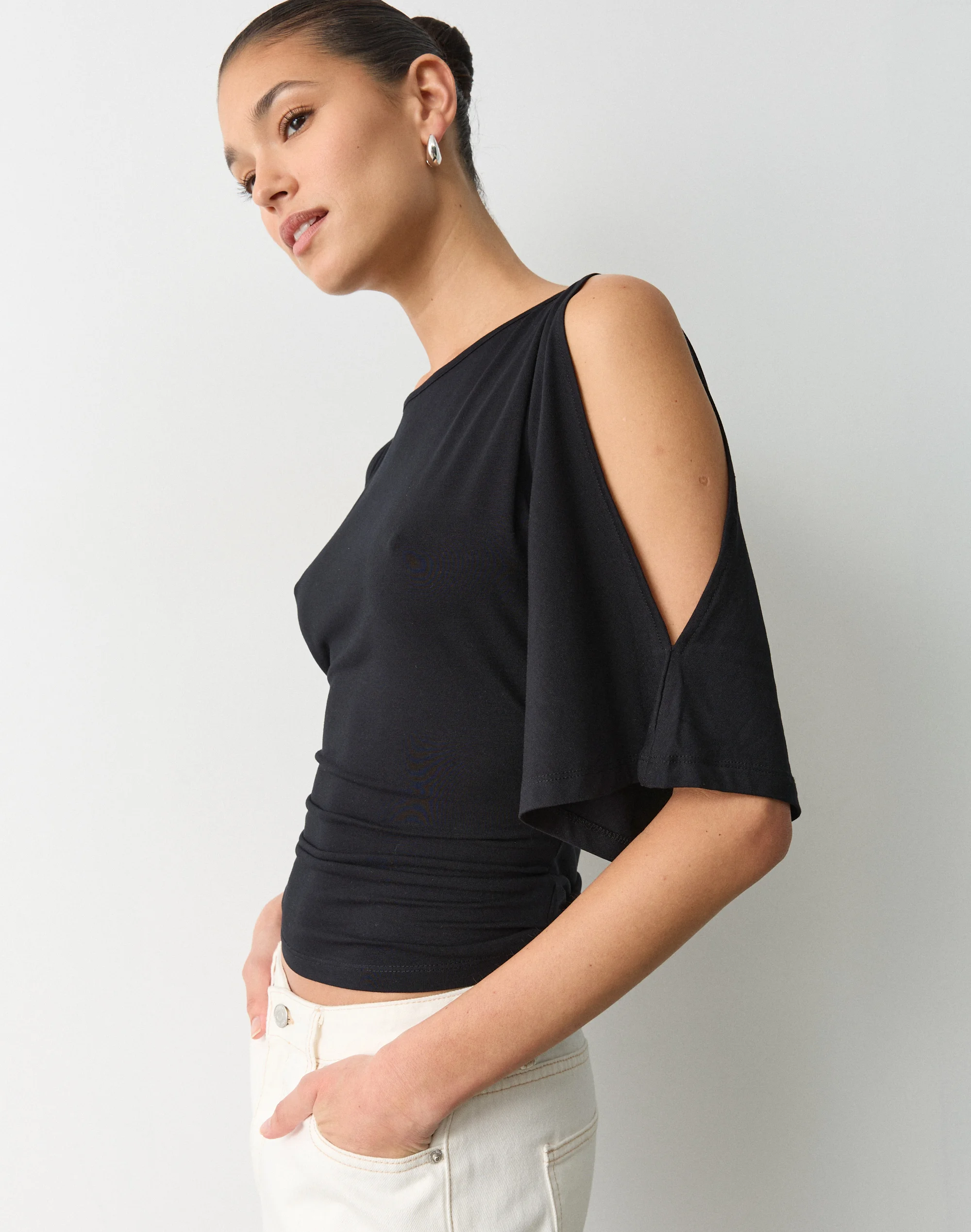 Cinched Bat Sleeve Cold Shoulder Top Black