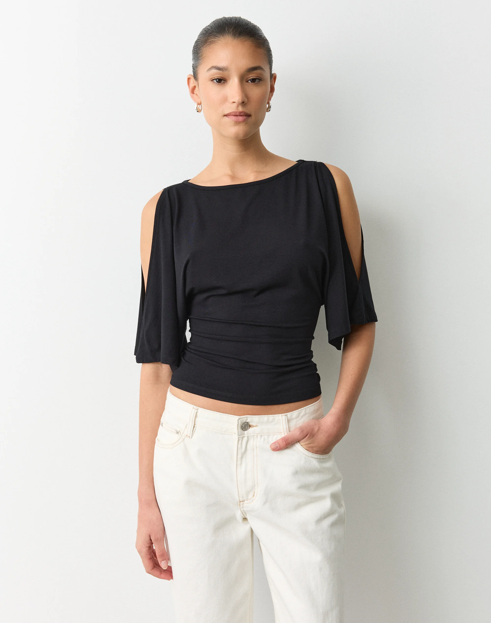 Cinched Bat Sleeve Cold Shoulder Top Black