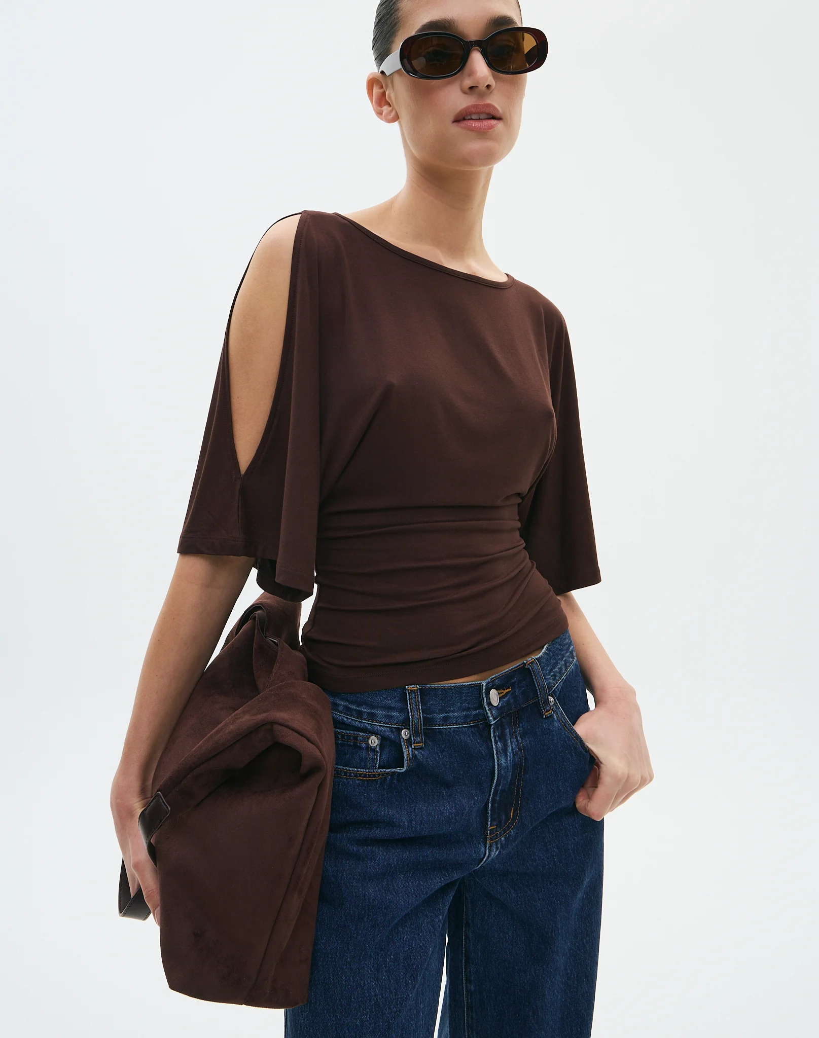 Cinched Bat Sleeve Cold Shoulder Top Fudge Fantasy