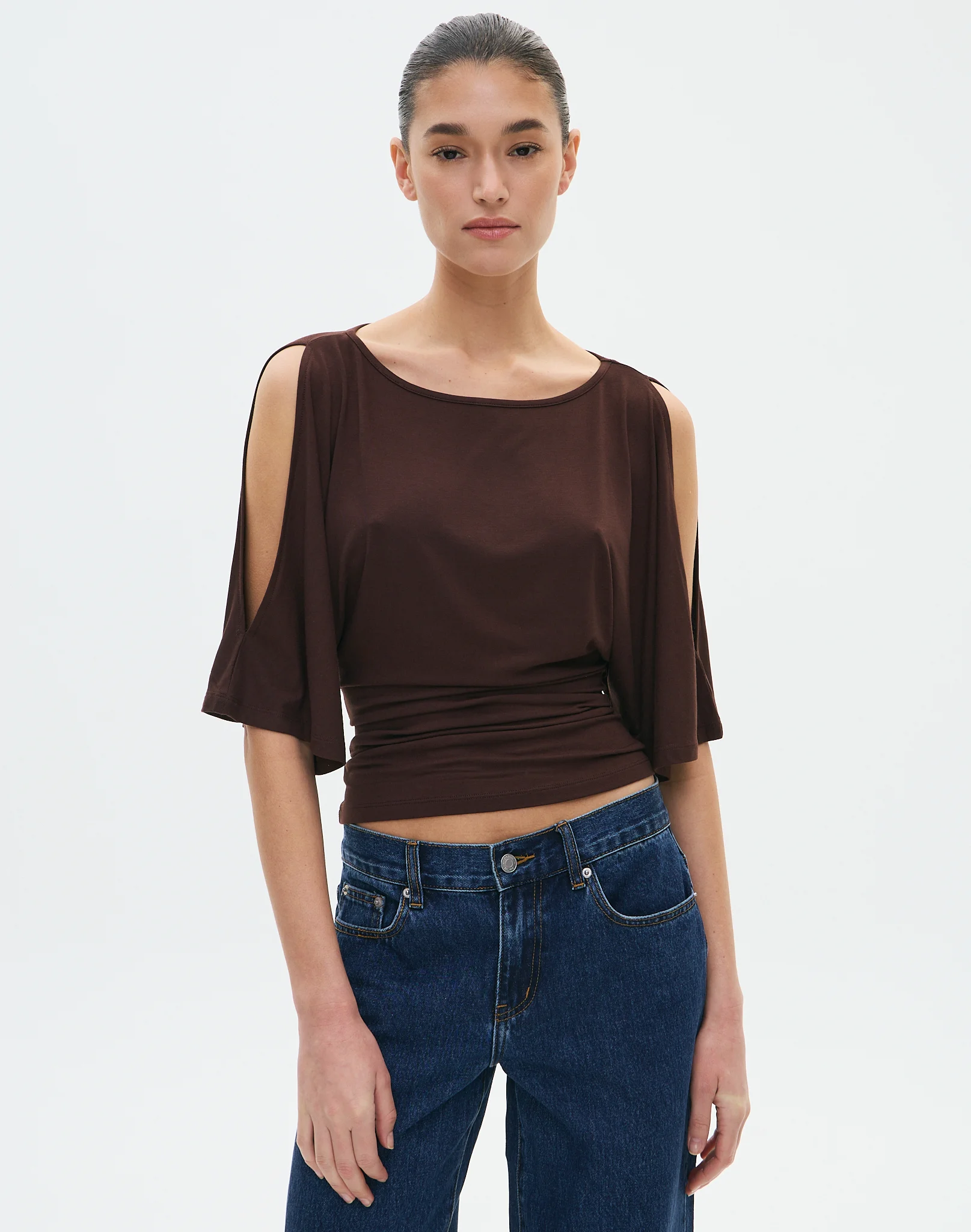 Cinched Bat Sleeve Cold Shoulder Top Fudge Fantasy