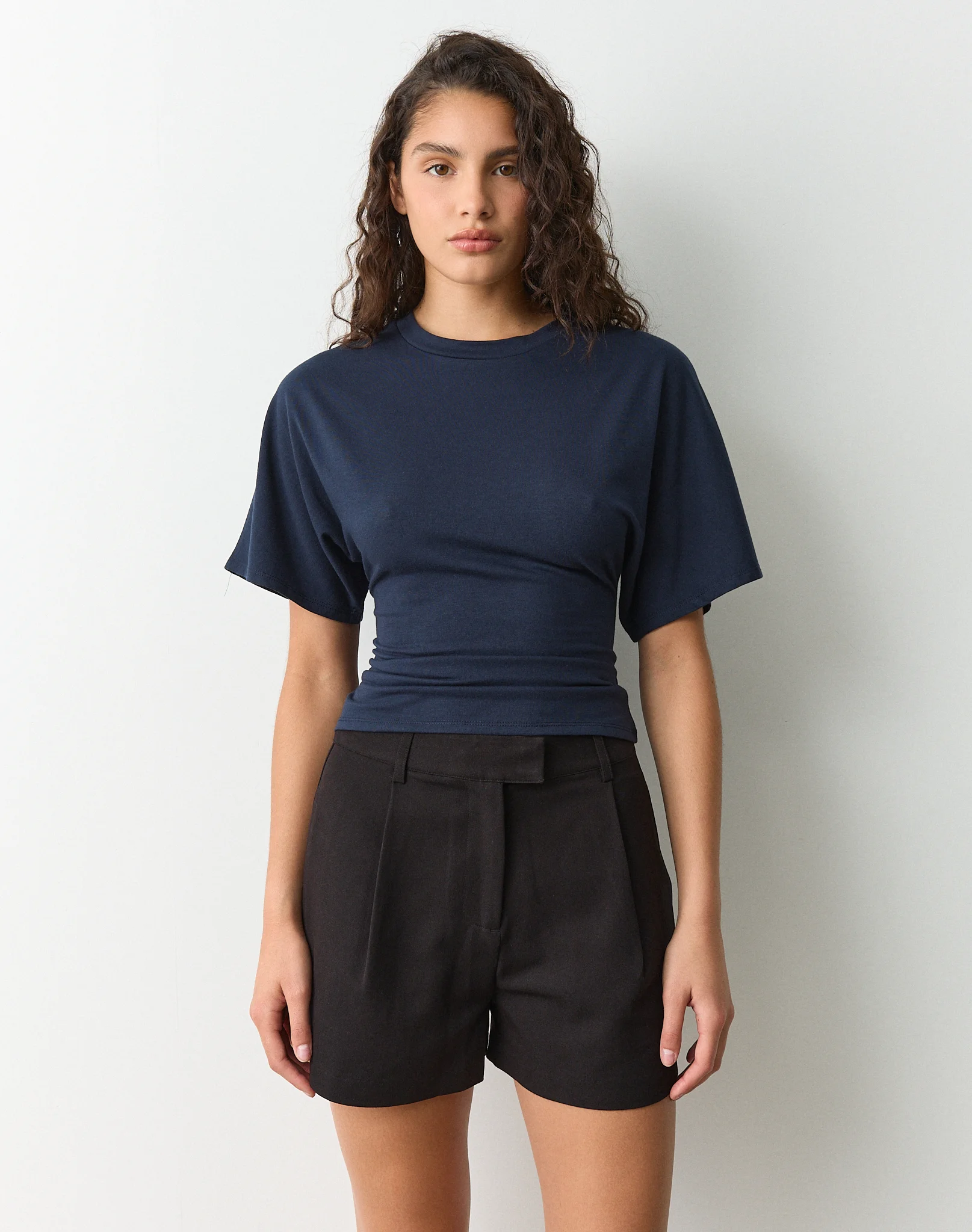Cinched Shortsleeve Top Navy Blazer
