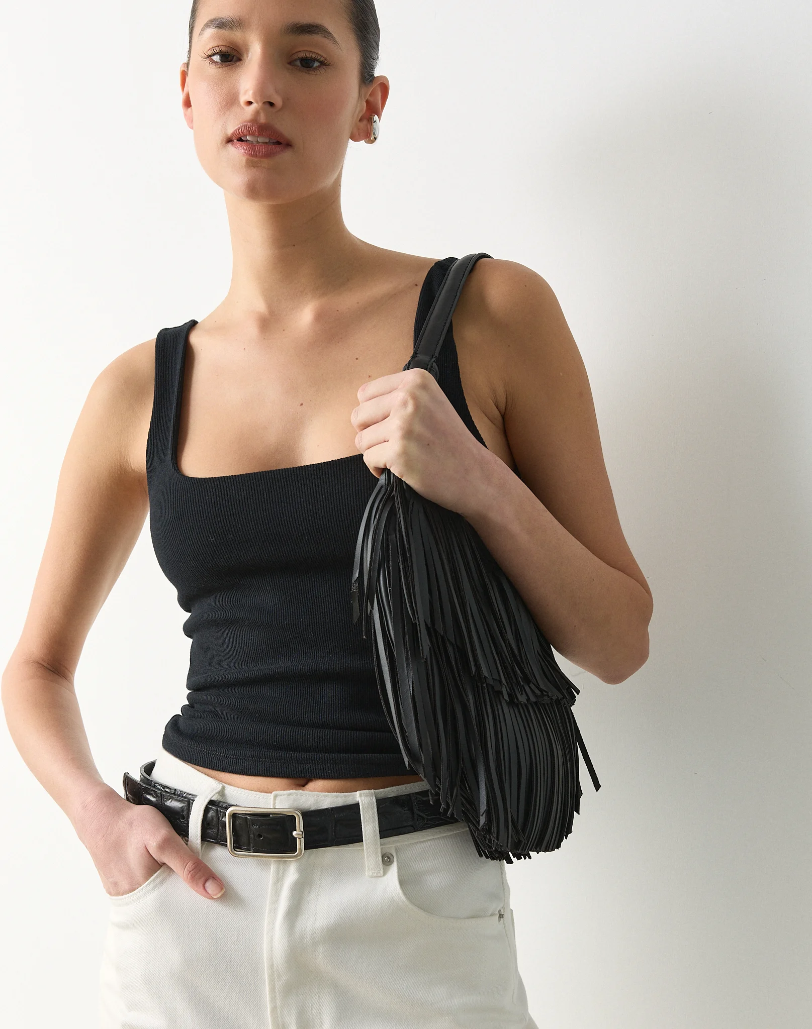 Cotton Rib Square Neck Tank Top Black