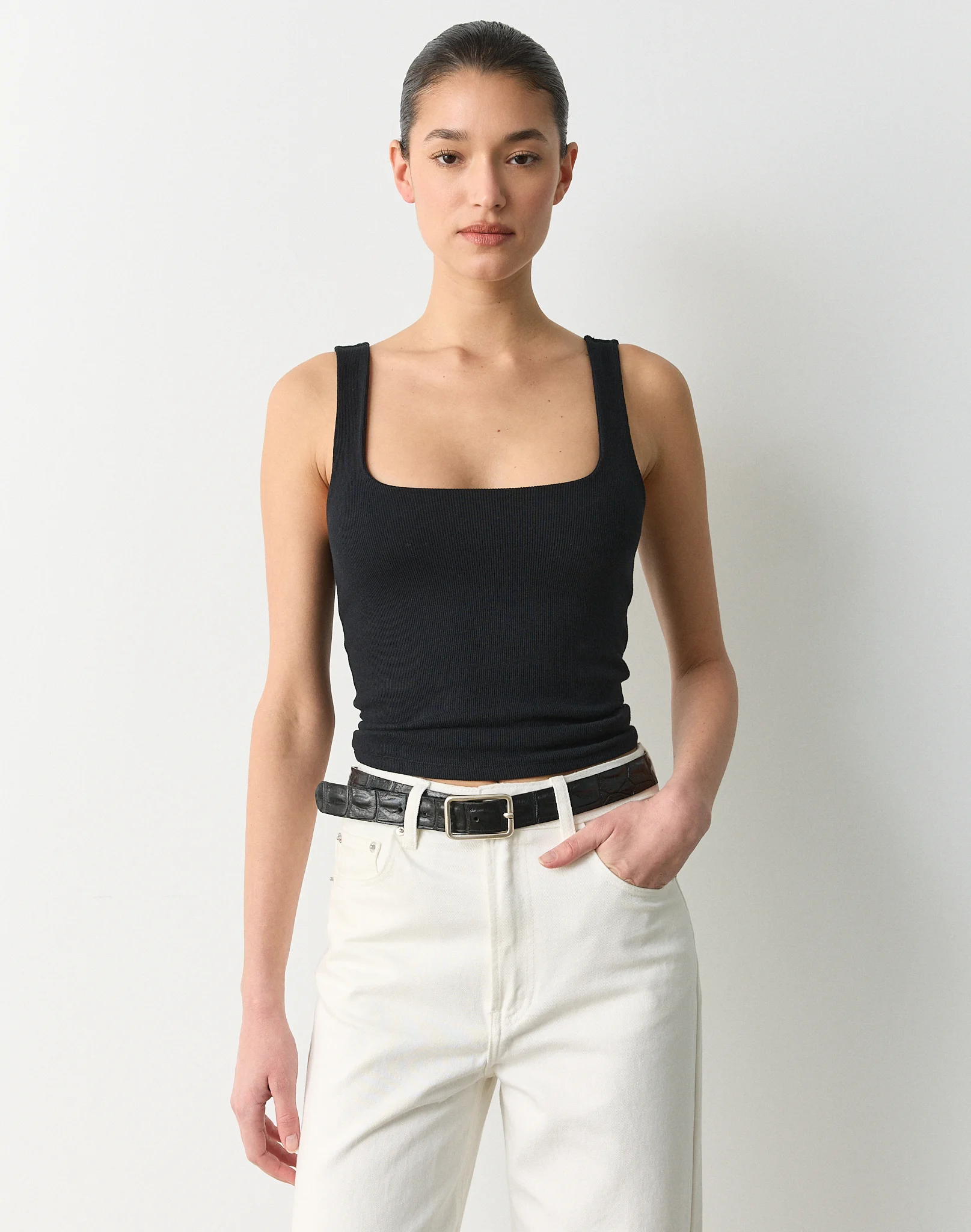 Cotton Rib Square Neck Tank Top Black