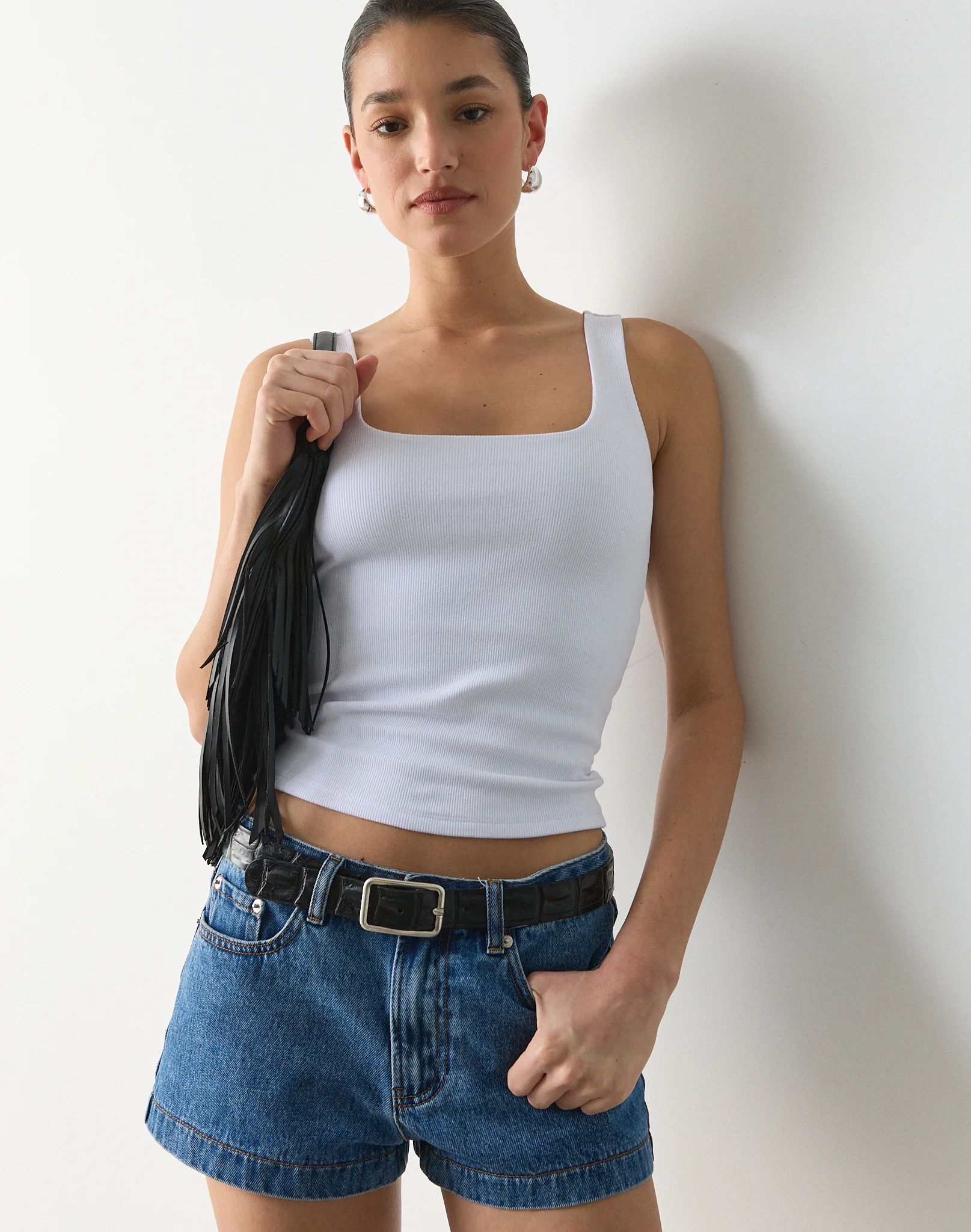 Cotton Rib Square Neck Tank Top White