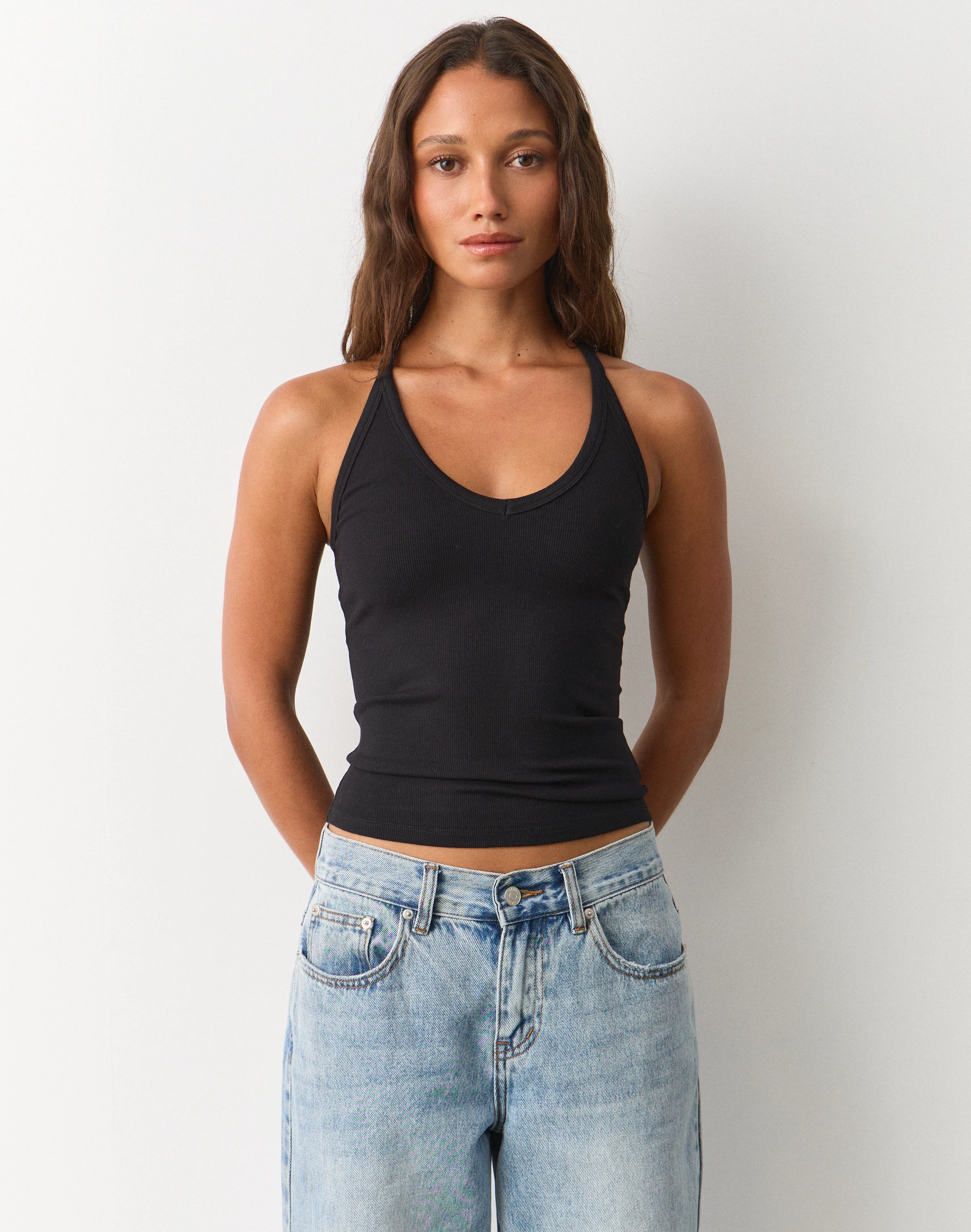 Rib V Neck Tank Black