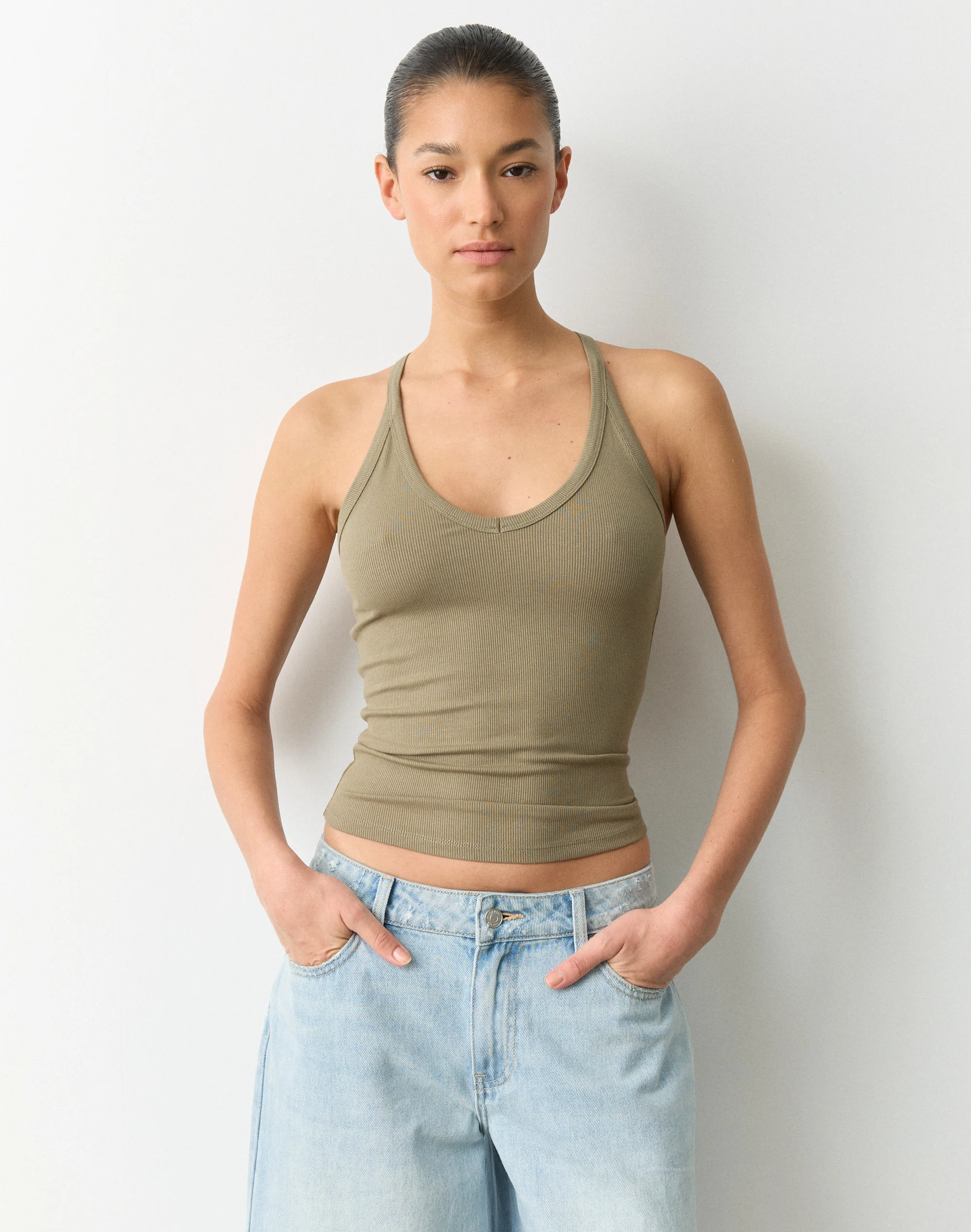 Rib V Neck Tank Cargo Khaki