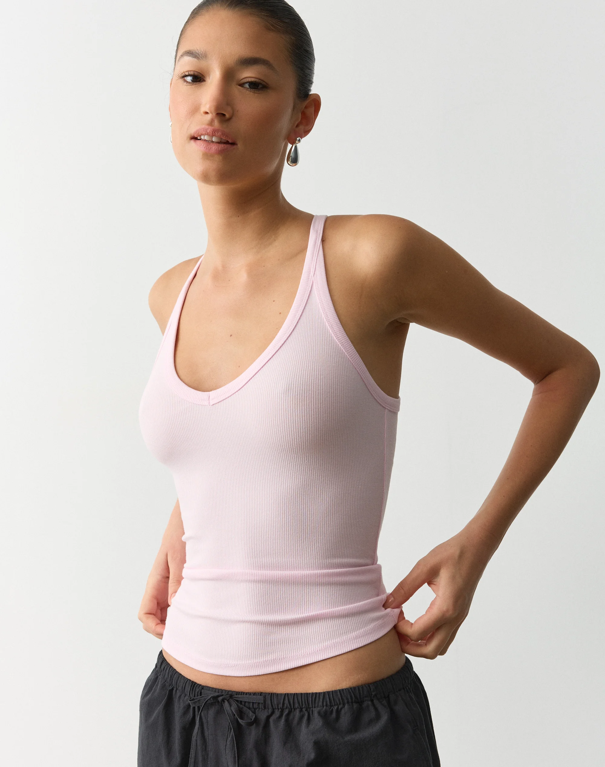 Rib V Neck Tank Romance Rose