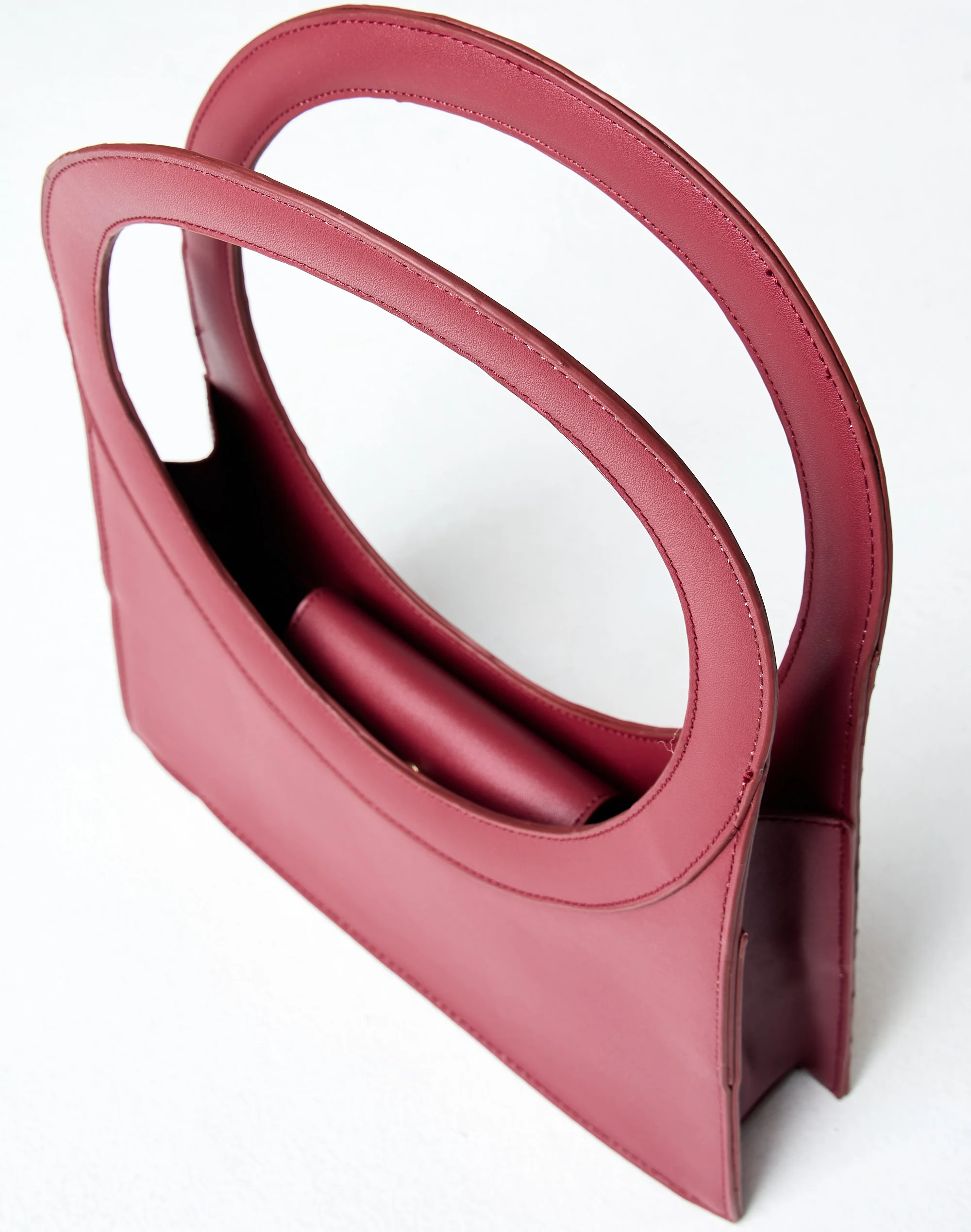 Faux Leather Circle Handle Shoulder Bag Cherry